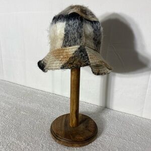 Fuzzy Beige Black Plaid Wool Bucket Hat